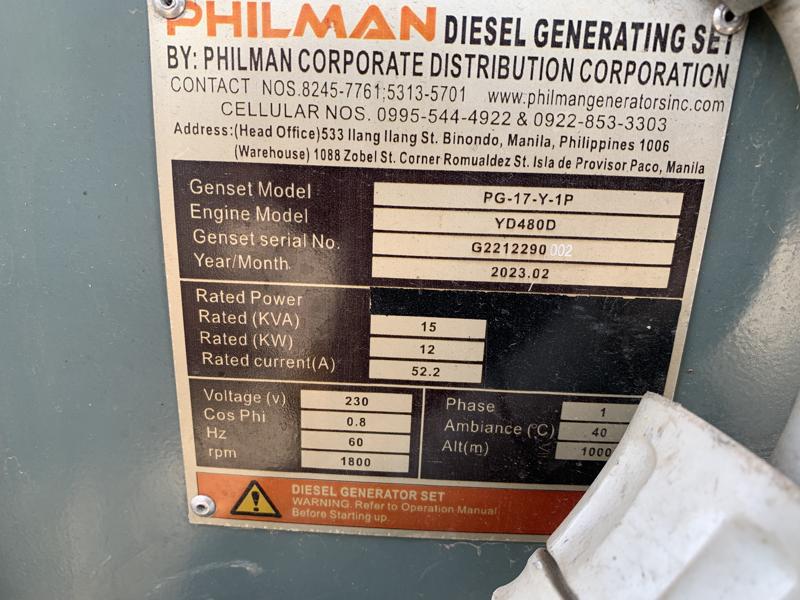Generator 42 Philman / Yangdong PG-17-Y-1P (2023) 15 kVA 'SOLD'